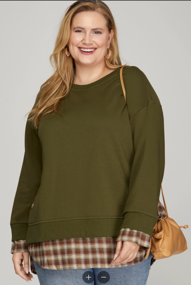 Long Sleeve French Terry Knit Sweatshirt w/Plaid Contrasting - DARK OLIVE - 1X