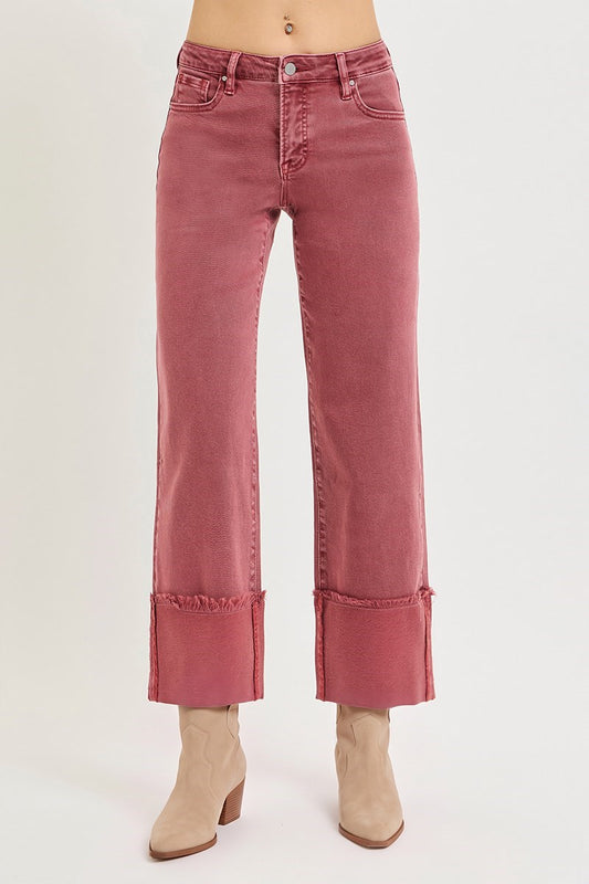 TUMMY CONTROL MID RISE CROP WIDE LEG WIDE CUFFED PANTS | RUST