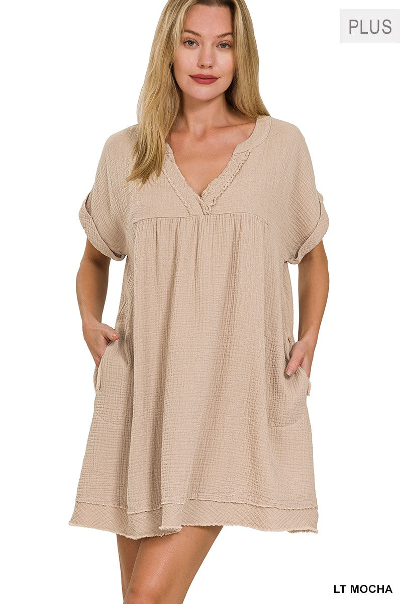 Lt Mocha Double Gauze Raw Edge V-neck Dress