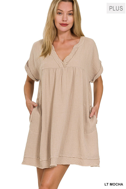 Lt Mocha Double Gauze Raw Edge V-neck Dress