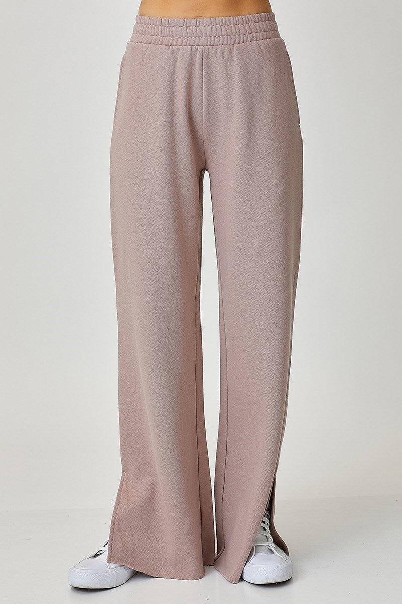 SOFT KNIT WIDE LEG WITH SLIT LOUNGE PANTS | ROSY BROWN