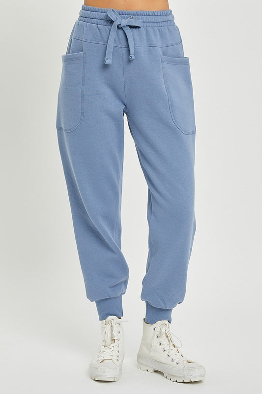 HIGH RISE SIDE POCKET RELAXED JOGGER PANTS | BLUE