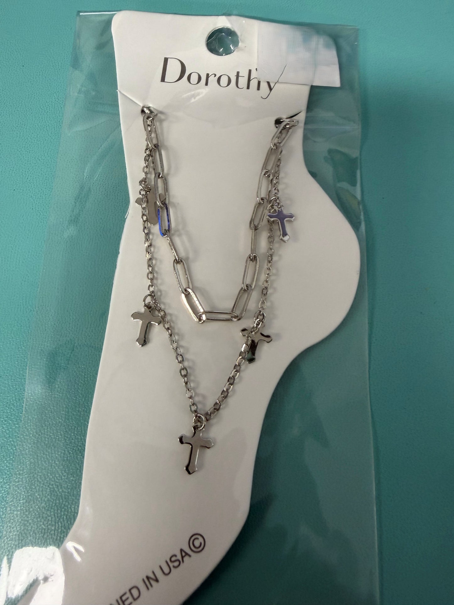 Paperclip and Cross Anklet - SILVER