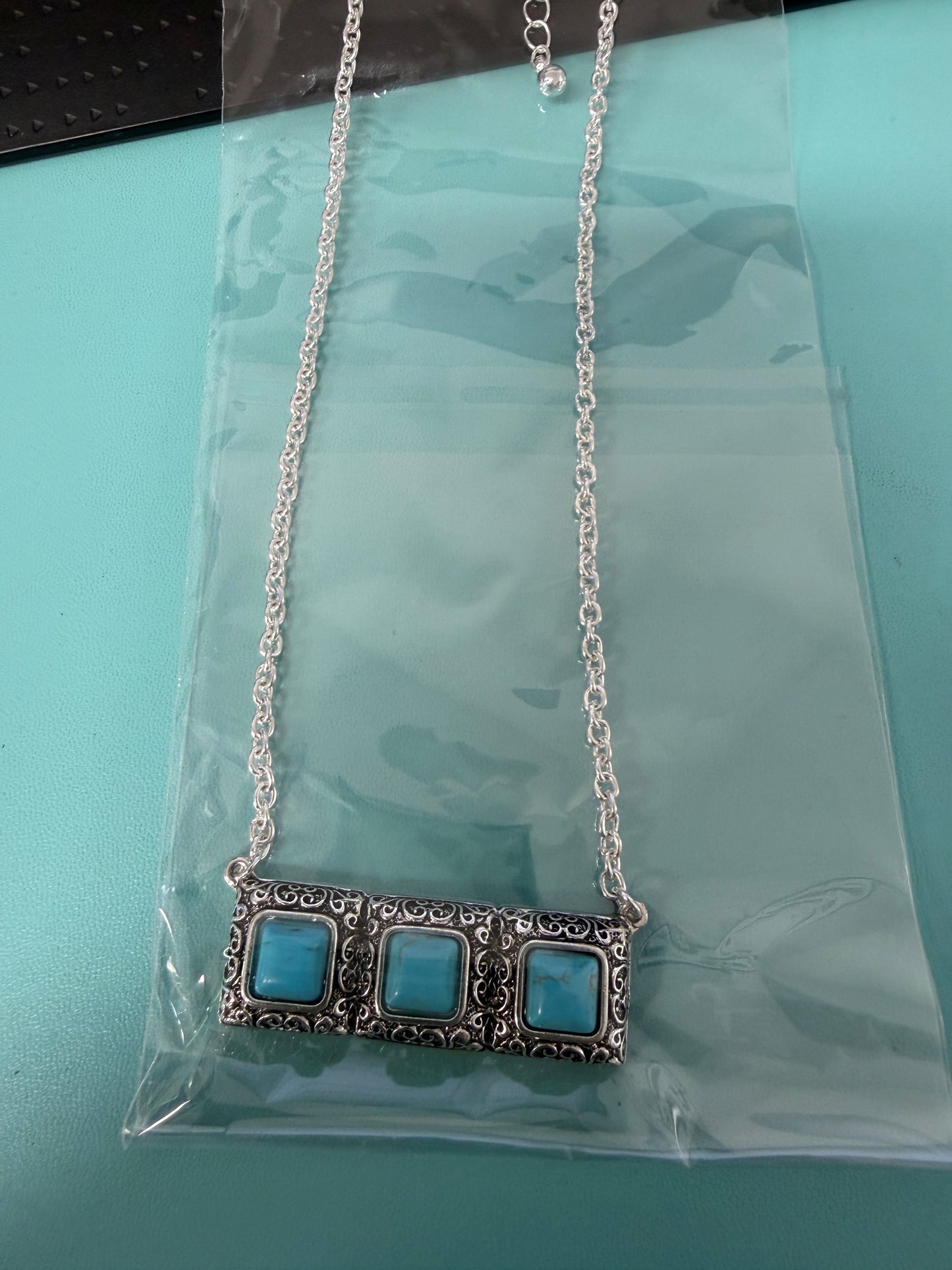 Necklace with 3-Stone Turquoise Bar Connector Pendant - SILVER