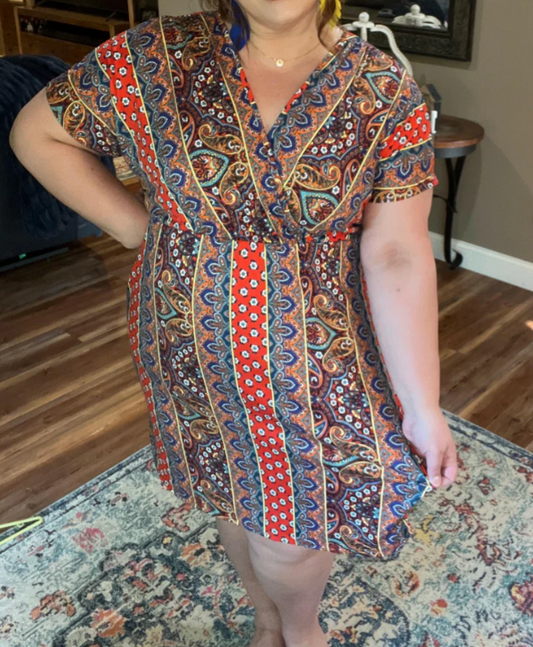 Bohemian Paisley Surplice V Neck Dress with Pockets
