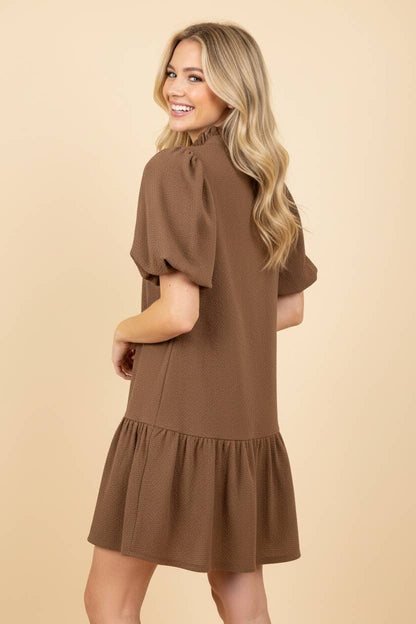 Textured Puff Sleeve Tiered Mini Dress