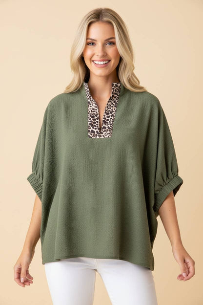 Textured Oversized Split Neck Short Sleeve Top