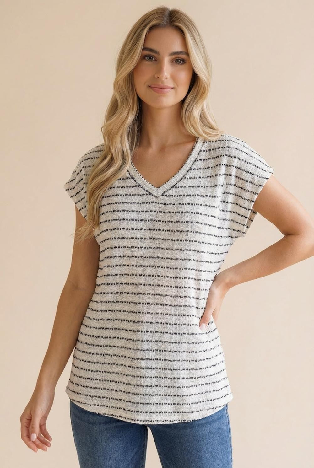 V Neck Drop Shoulder Stripe Slub Knit Top