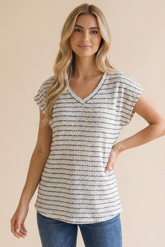 V Neck Drop Shoulder Stripe Slub Knit Top