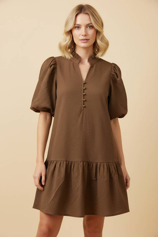 Textured Puff Sleeve Tiered Mini Dress