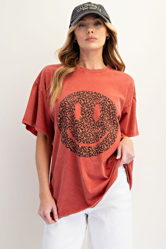 Happy Face Print Washed Cotton Top