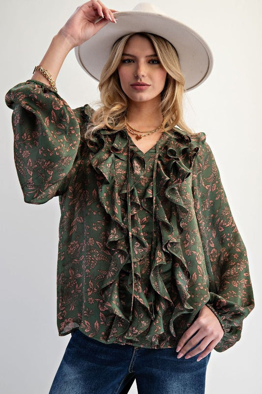 Ruffle Front Printed Yoru Satin Blouse
