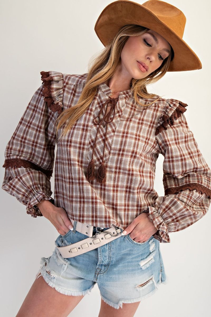 Crochet Lace Detailing Plaid Top