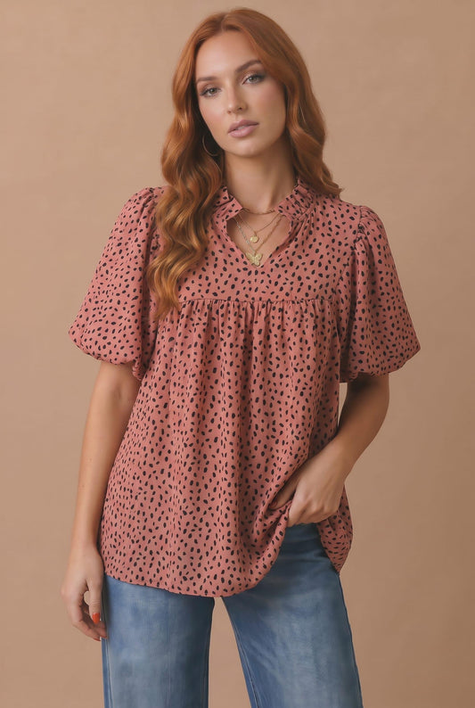 Abstract Dotted Animal Empire Waist Woven Top